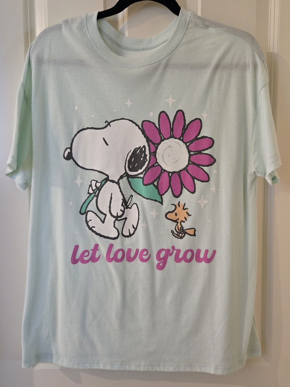 Peanuts Light Mint Tee with Pink Flower Snoopy Graphic